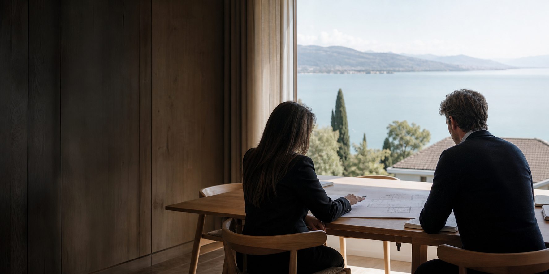 Deux personnes échangeant autour d’un projet immobilier avec vue sur le lac