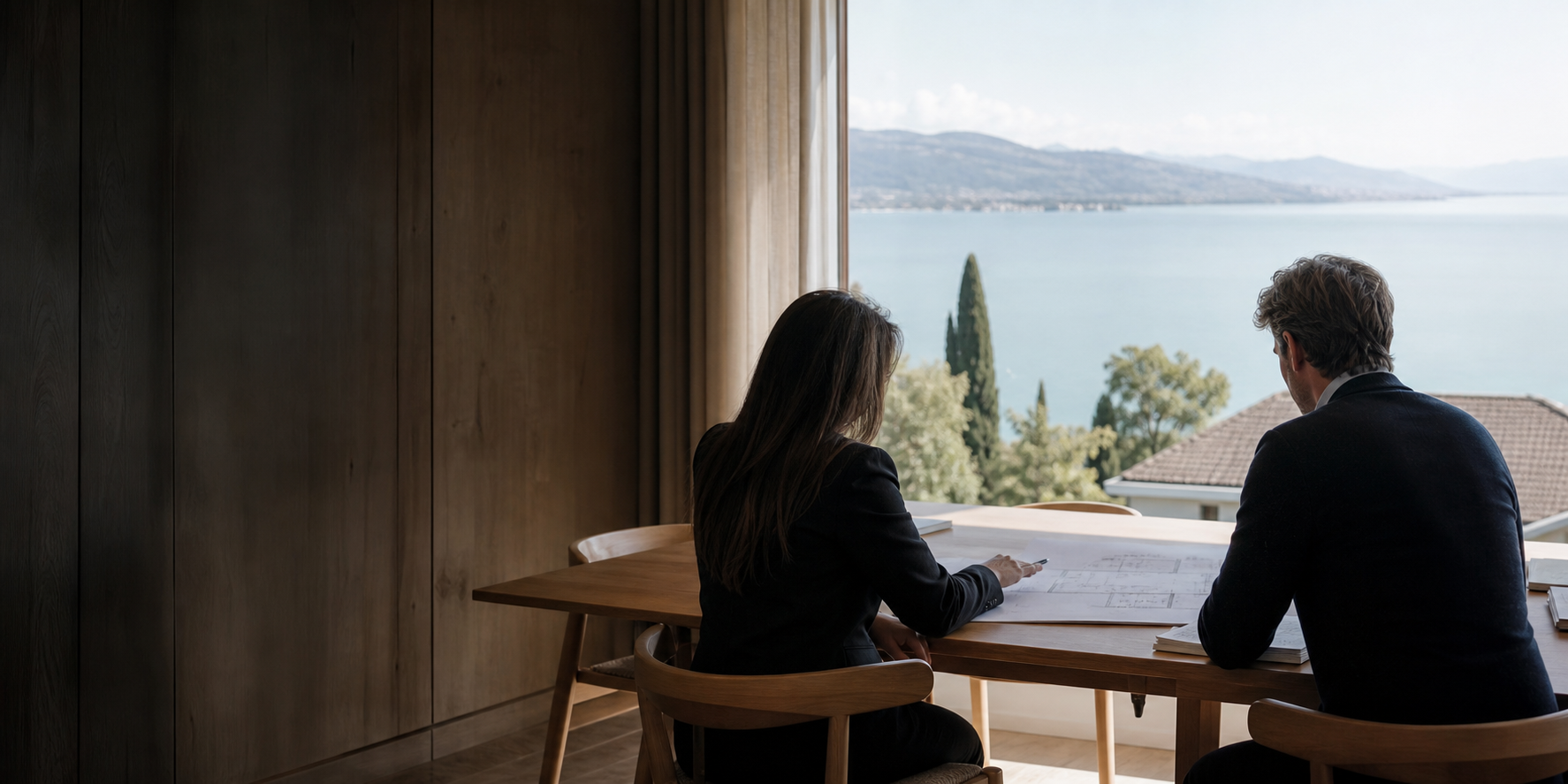 Deux personnes échangeant autour d’un projet immobilier avec vue sur le lac